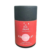 Red kaolin clay powder container with black lid for dog digestive health remedy