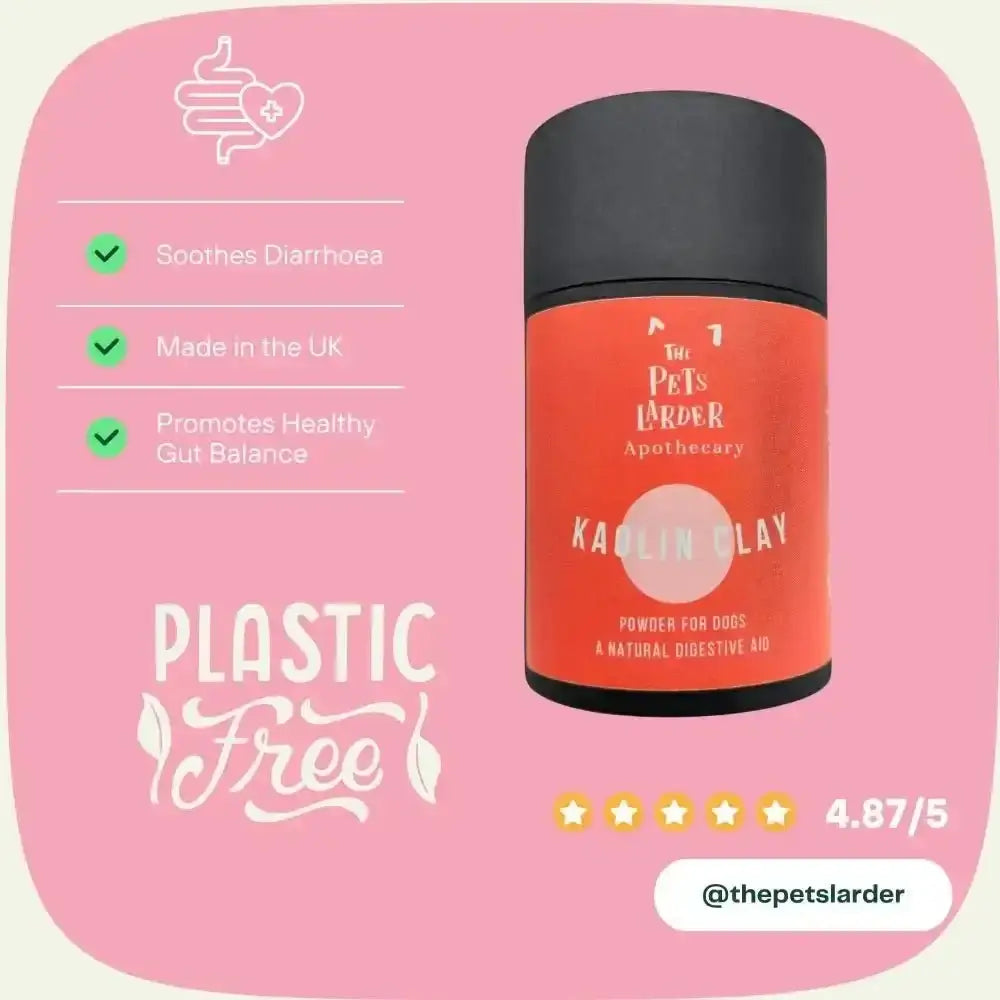 Red clay digestive powder for dogs in natural, plastic-free packaging promoting digestive health