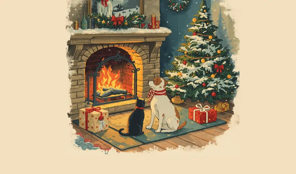 A cozy christmas scene featuring a lit stone fireplace with an ornate black metal screen, flanked by two pets—a black cat and a white dog wearing a red-and-white striped scarf—sitting on a rug beside wrapped gifts under a snow-dusted