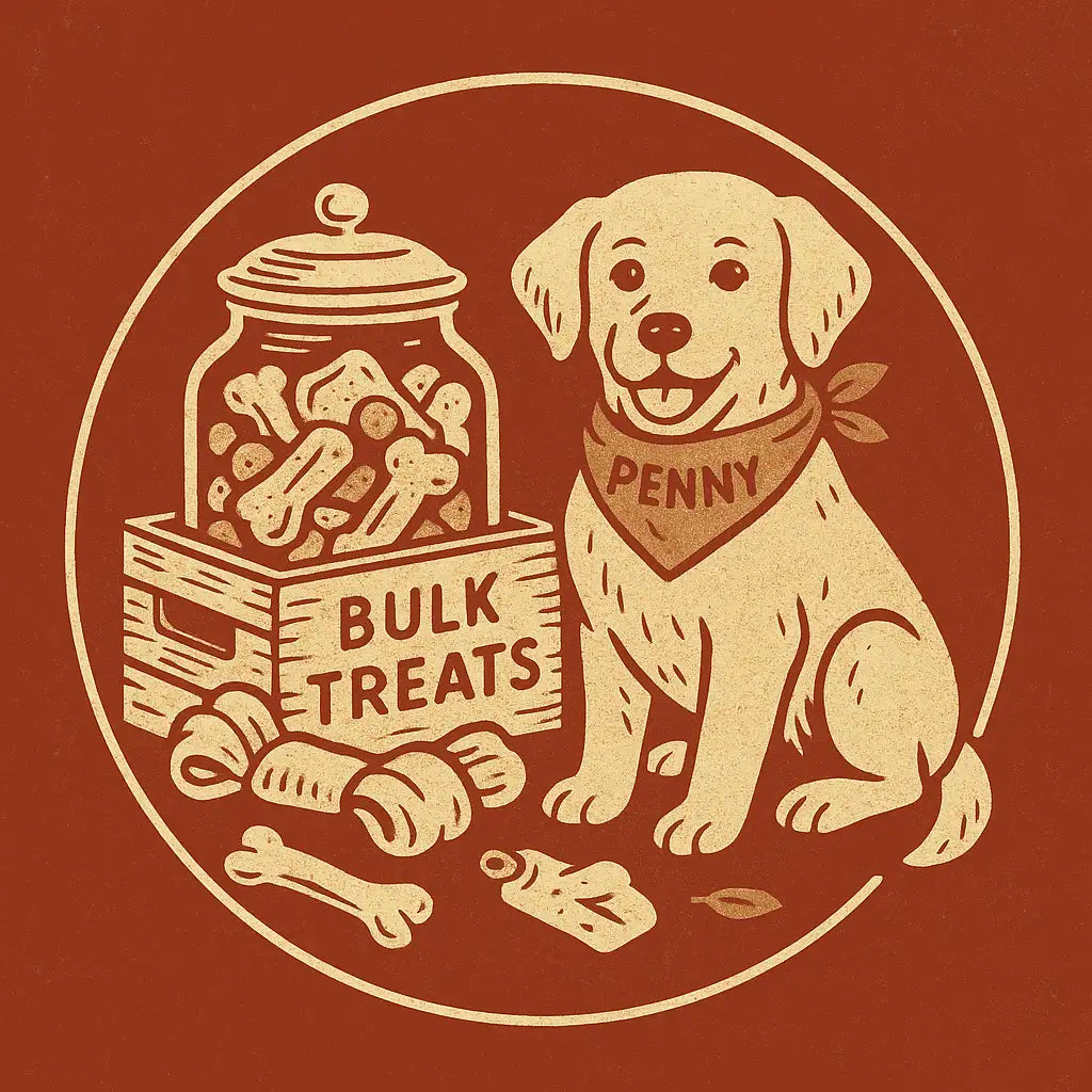 Cream-colored dog treat jar with a lid and bone-shaped treats inside.