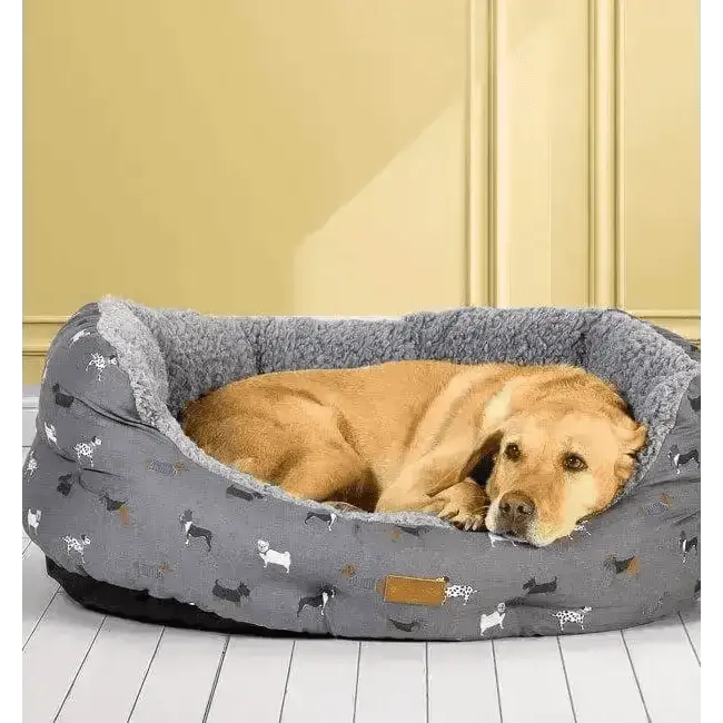 Danish Design FatFace deluxe slumber dog bed with grey colorful print, plush interior