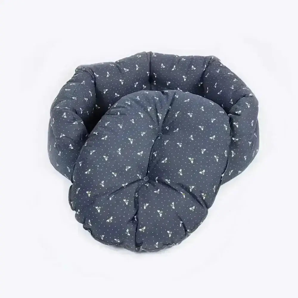 Danish Design FatFace Spotty Bees Deluxe Slumber bed with navy blue floral fabric and ideal head rest for small pets