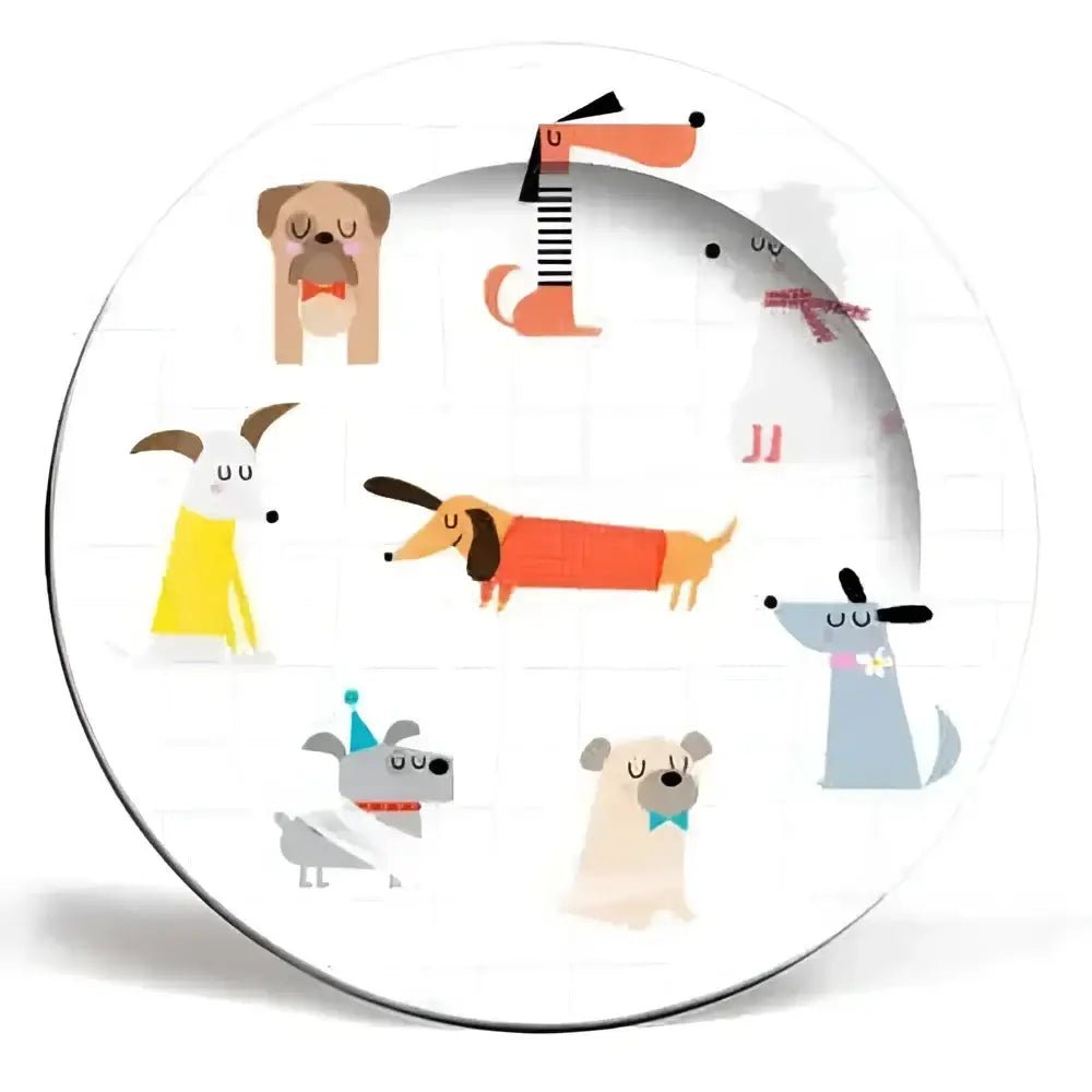 Dashing Dogs 8-inch ceramic plate with colorful cartoon dogs by Nichola Cowdery