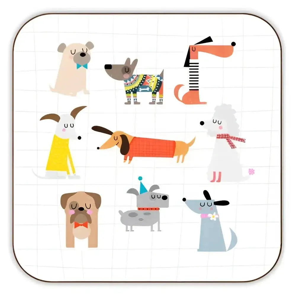 12-piece colorful Dashing Dogs square glossy coaster set by Nichola Cowdery