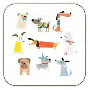 12-piece colorful Dashing Dogs square glossy coaster set by Nichola Cowdery
