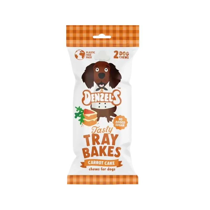 Denzels Carrot Cake Tray Bake for Dogs in Orange Plaid Packaging