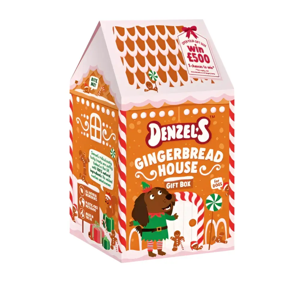 Gingerbread house gift box for dogs with festive dog character, McDonalds branding