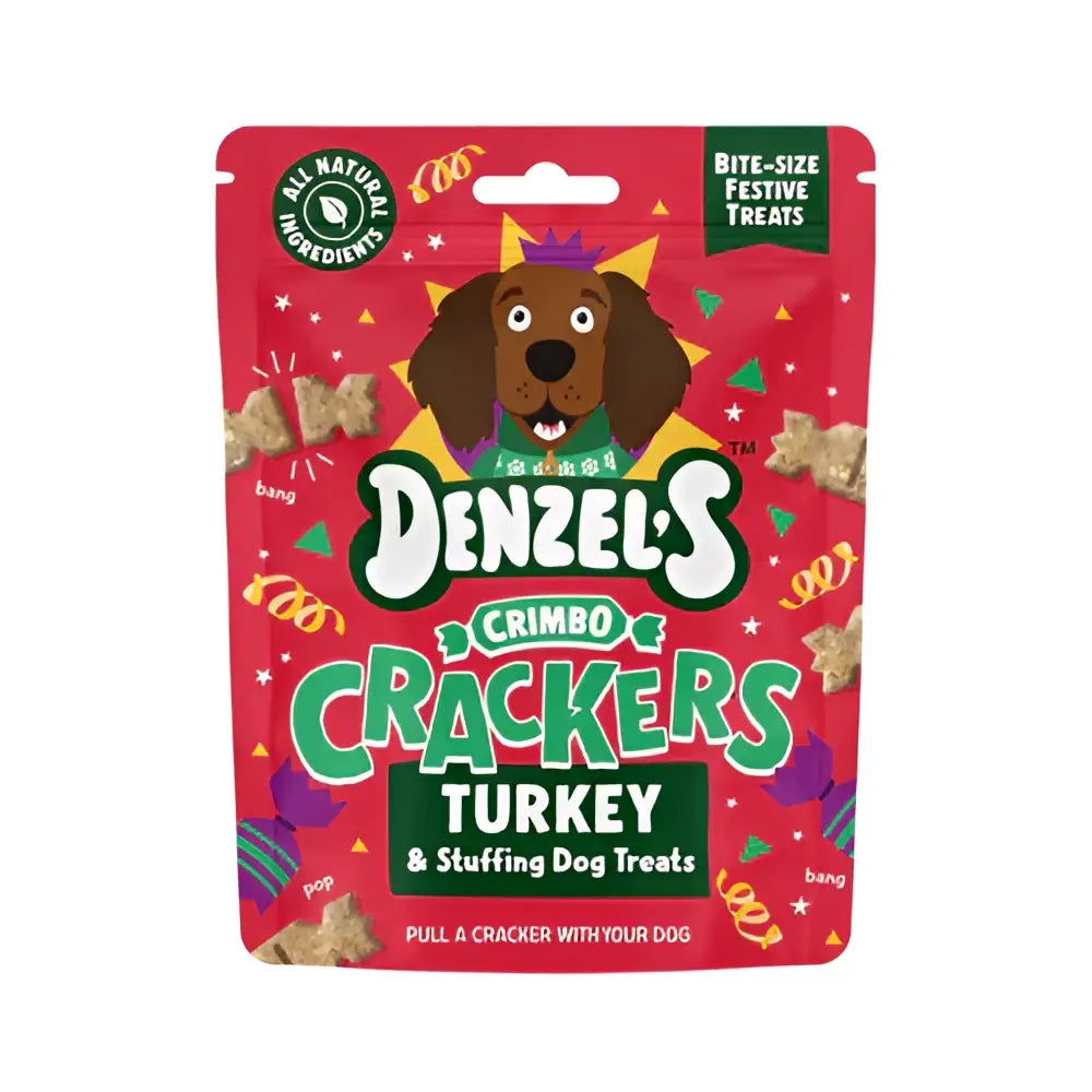 Denzels Crimbo Crackers turkey and stuffing dog treats in festive packaging