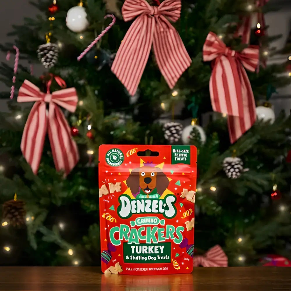 Denzels Crimbo Crackers turkey and stuffing dog treats in colorful package