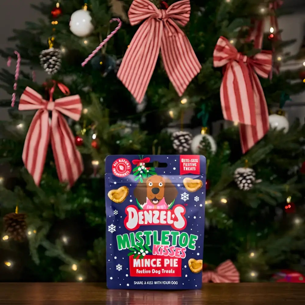 Denzel’s Mistletoe Kisses mince pie dog treats in festive packaging