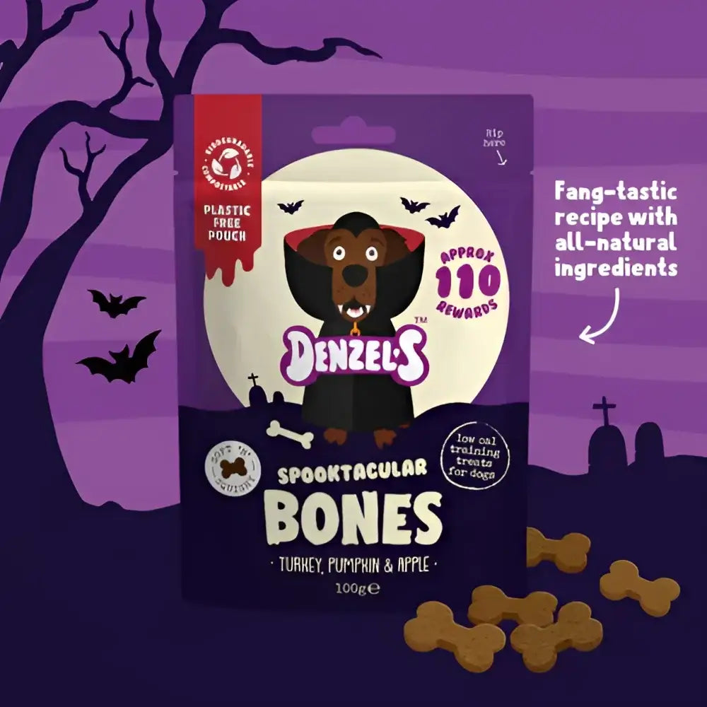 Denzel’s Spooktacular Bones Dog Treats 100g with turkey, pumpkin, and apple flavor
