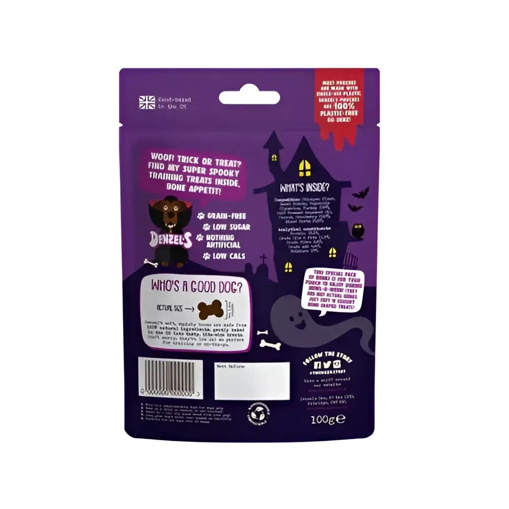 Purple haunted house dog treat bag with ghost design for Denzel’s Spooktacular Bones