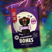 Denzel’s Spooktacular Bones Dog Treats in purple pouch, 100g, spooktacular bones