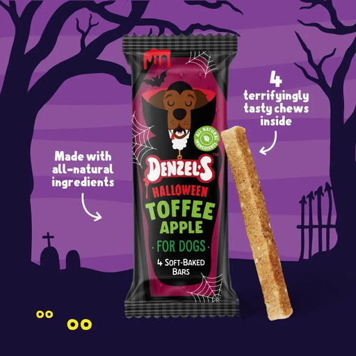 Denzel's Halloween toffee apple for dogs packaging with a purple background