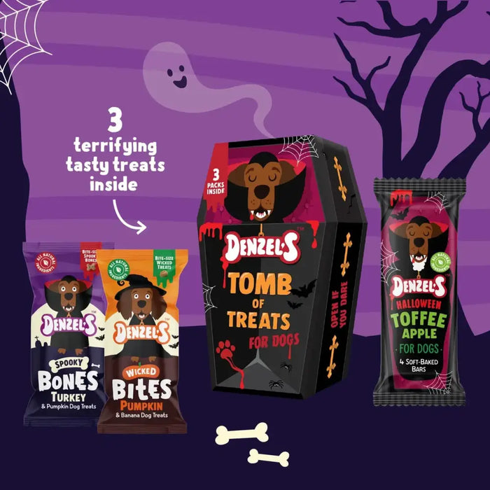 Denzel's Halloween dog treats packaging on a purple background with ghost and tree illustrations.