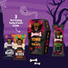 Denzel's Halloween dog treats packaging on a purple background with ghost and tree illustrations.
