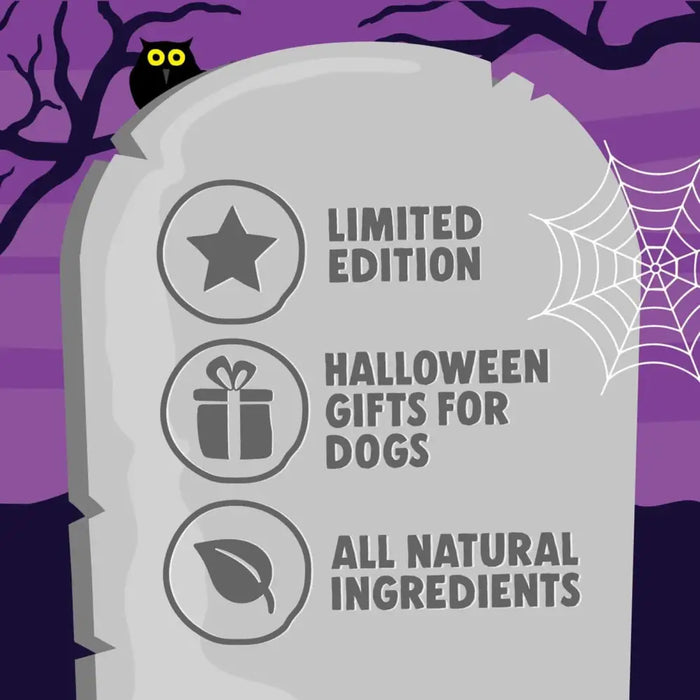 Halloween-themed product packaging with a gravestone design on a purple background.
