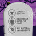 Halloween-themed product packaging with a gravestone design on a purple background.
