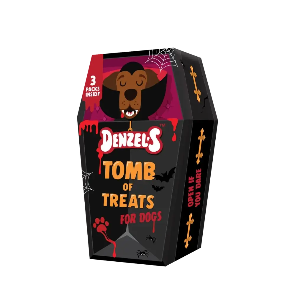 Denzel's Tomb of Treats for dogs packaging on a white background