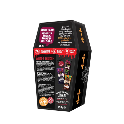Black coffin-shaped packaging with Halloween-themed text and graphics on a white background