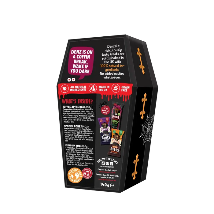 Black coffin-shaped packaging with Halloween-themed text and graphics on a white background