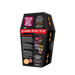 Black coffin-shaped packaging with Halloween-themed text and graphics on a white background
