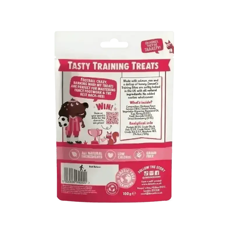 Denzel’s Training Bites salmon flavor bag with cartoon design, 100g tasty training treats