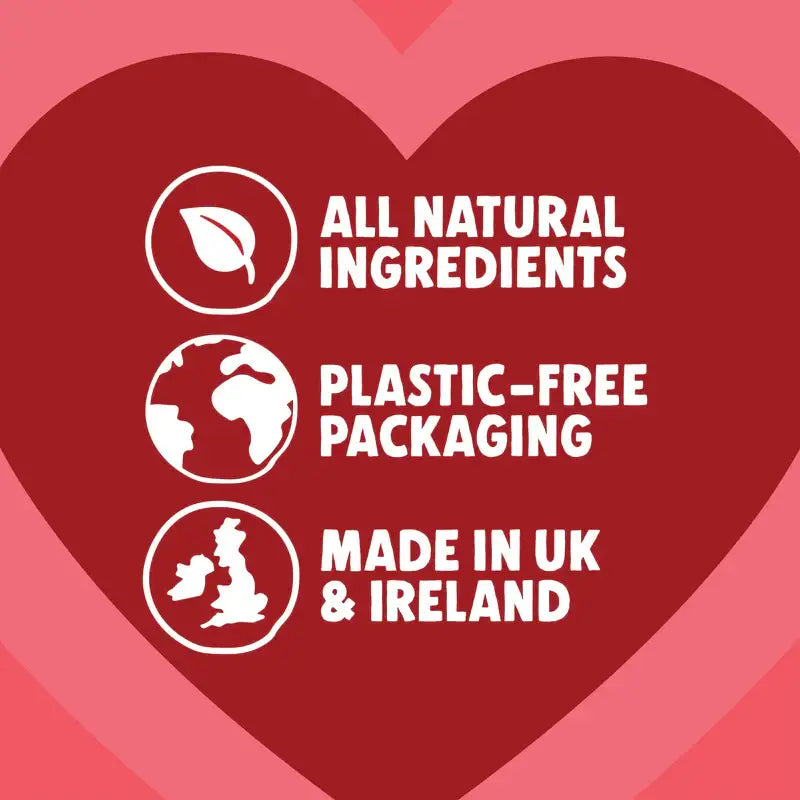 Red heart-shaped graphic for Denzel’s Valentine’s soft-baked love hearts dog treats