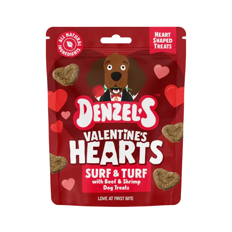 Denzel’s Valentine’s Hearts surf & turf soft-baked love hearts dog treats pouch with cartoon dog in tuxedo