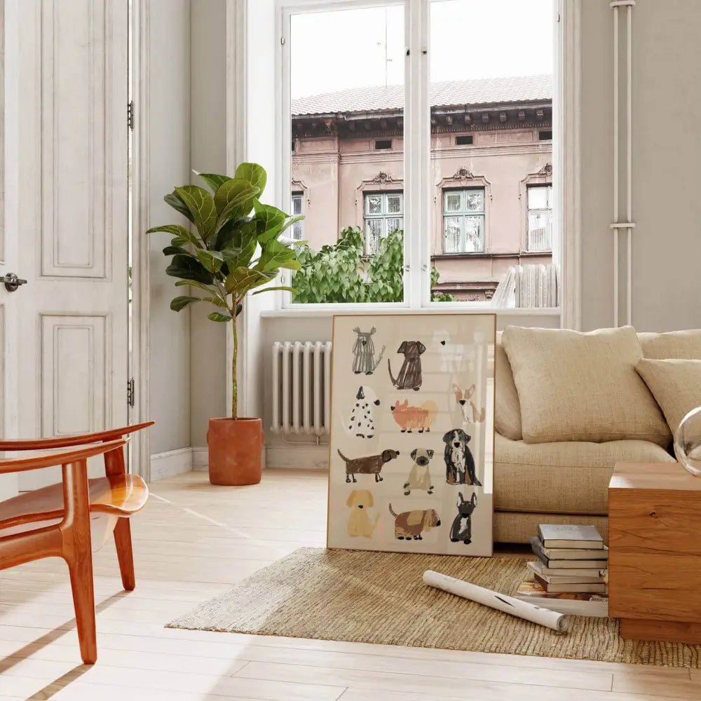 Beige modern sofa with wooden armrests and dog breeds art print