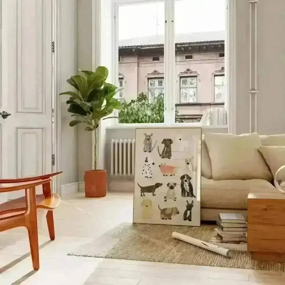 Beige modern sofa with wooden armrests and dog breeds art print