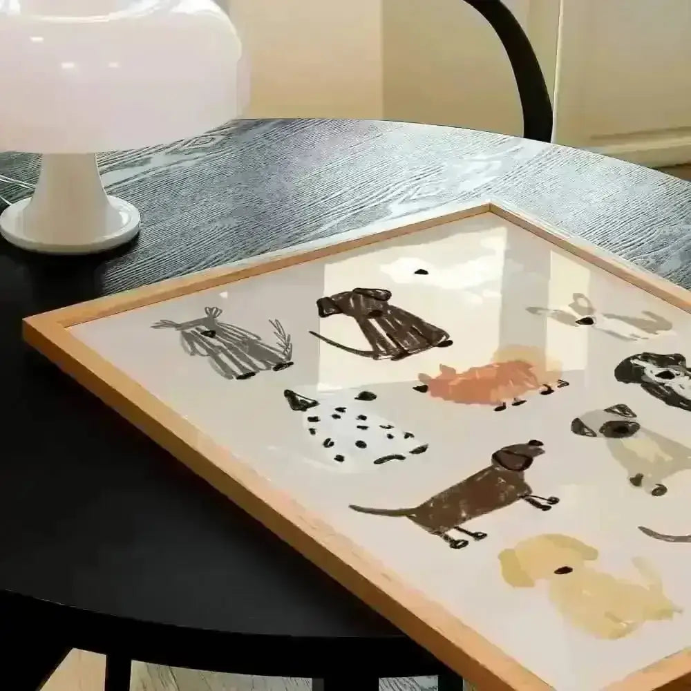 Wooden tray with colorful popular dog breeds illustrations by Natalie Cass