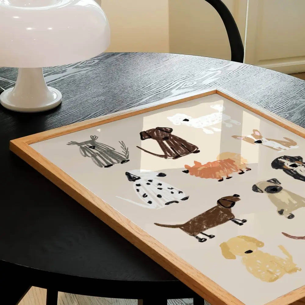 Wooden tray with colorful popular dog breeds illustrations by Natalie Cass