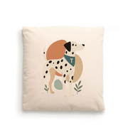 Cream-colored dog portrait cushion cover with playful dalmatian design on fairtrade-certified cotton canvas