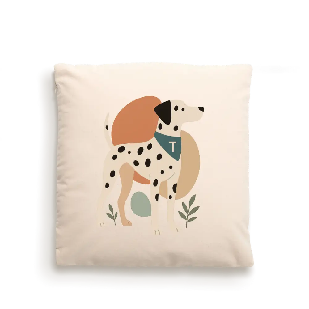 Cream-colored dog portrait cushion cover with playful dalmatian design on fairtrade-certified cotton canvas