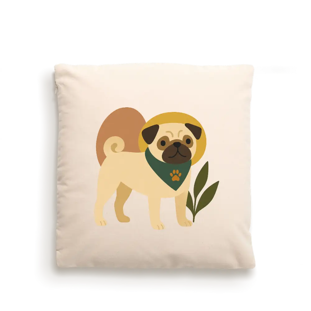 Cream-colored pug dog portrait cushion cover in fairtrade cotton with green leaves and paw print