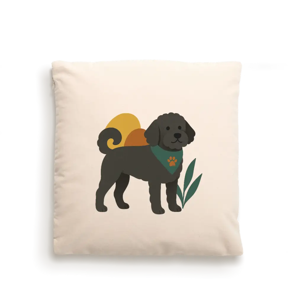 Cream-colored dog portrait cushion cover in fairtrade-certified cotton with black dog design, green leaf accents, and concealed zip