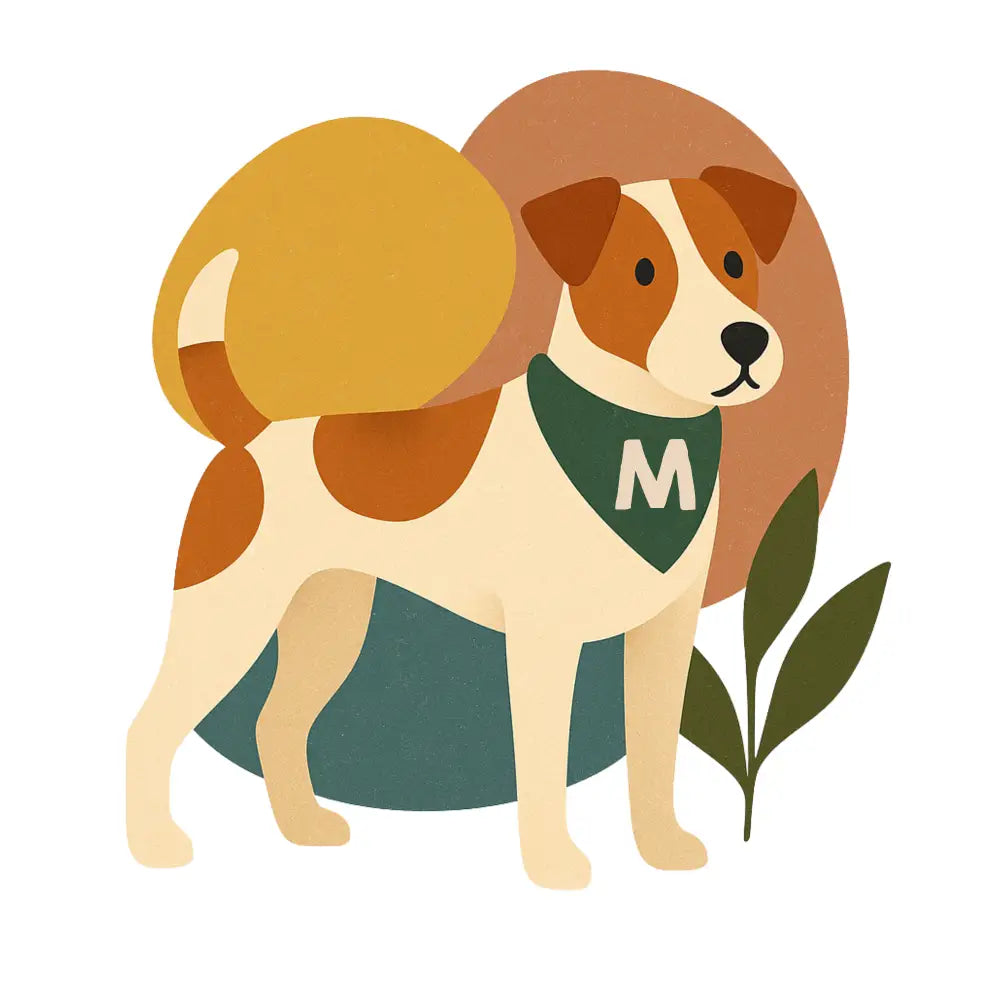 Brown and white dog with green M bandana on fairtrade-certified cotton dog portrait cushion