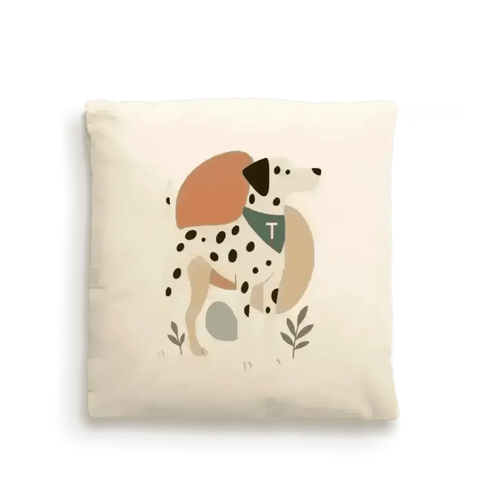 Cream-colored dog portrait cushion cover with playful dalmatian design on fairtrade-certified cotton canvas