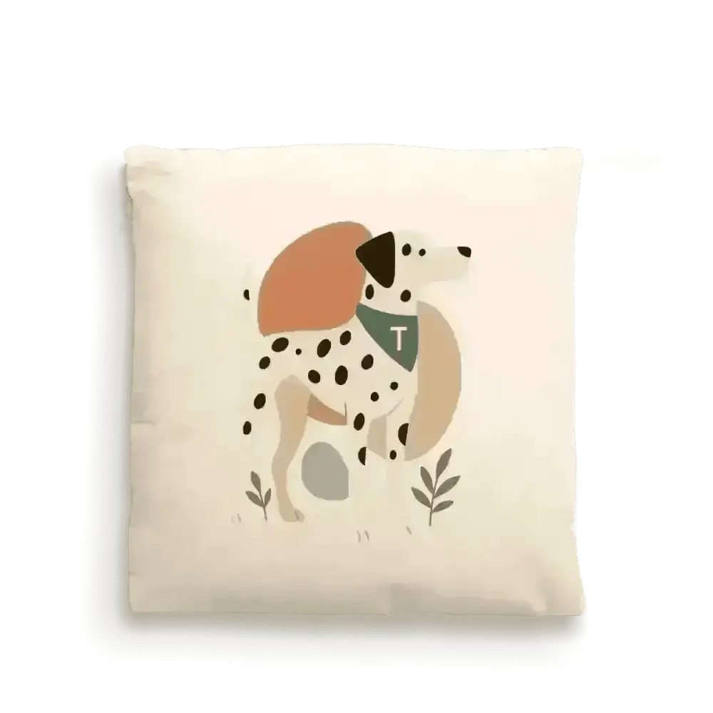 Cream-colored dog portrait cushion cover with playful dalmatian design on fairtrade-certified cotton canvas