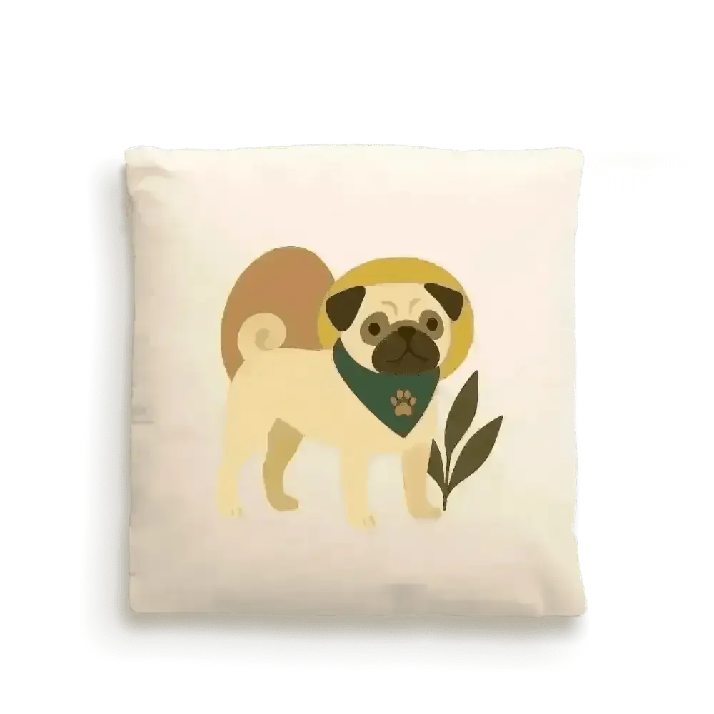 Cream-colored pug dog portrait cushion cover in fairtrade cotton with green leaves and paw print
