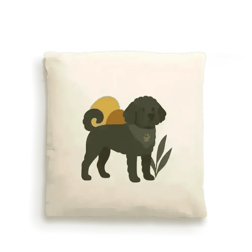 Cream-colored dog portrait cushion cover in fairtrade-certified cotton with black dog design, green leaf accents, and concealed zip
