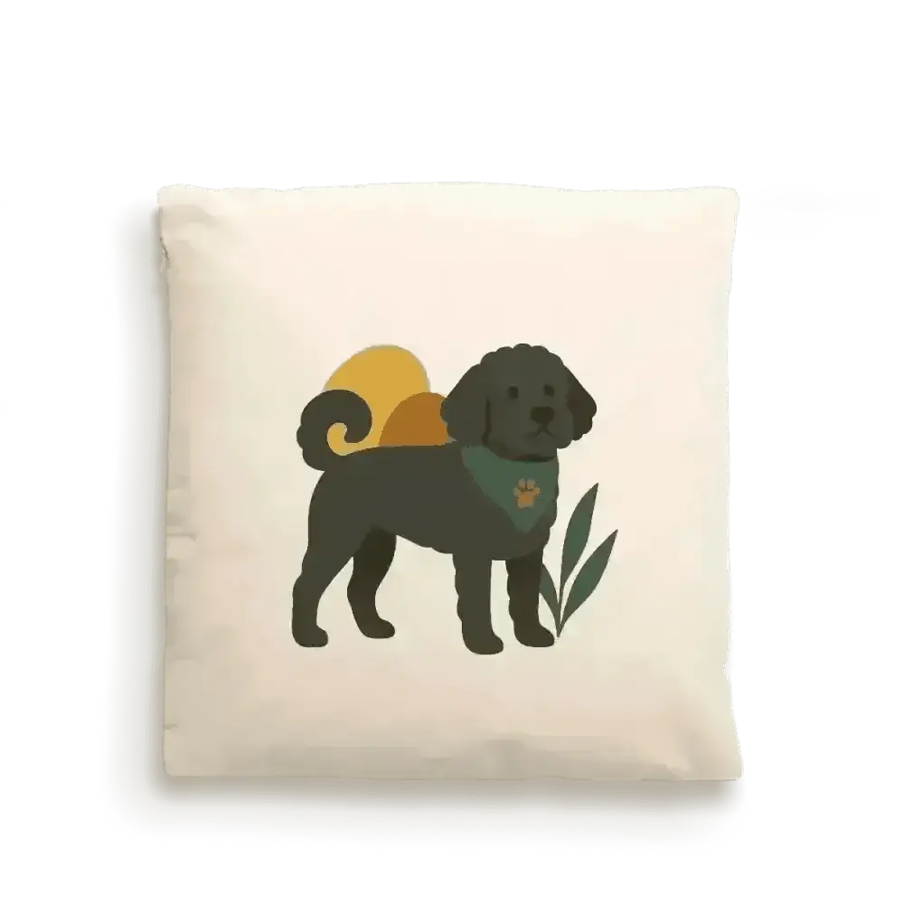 Cream-colored dog portrait cushion cover in fairtrade-certified cotton with black dog design, green leaf accents, and concealed zip