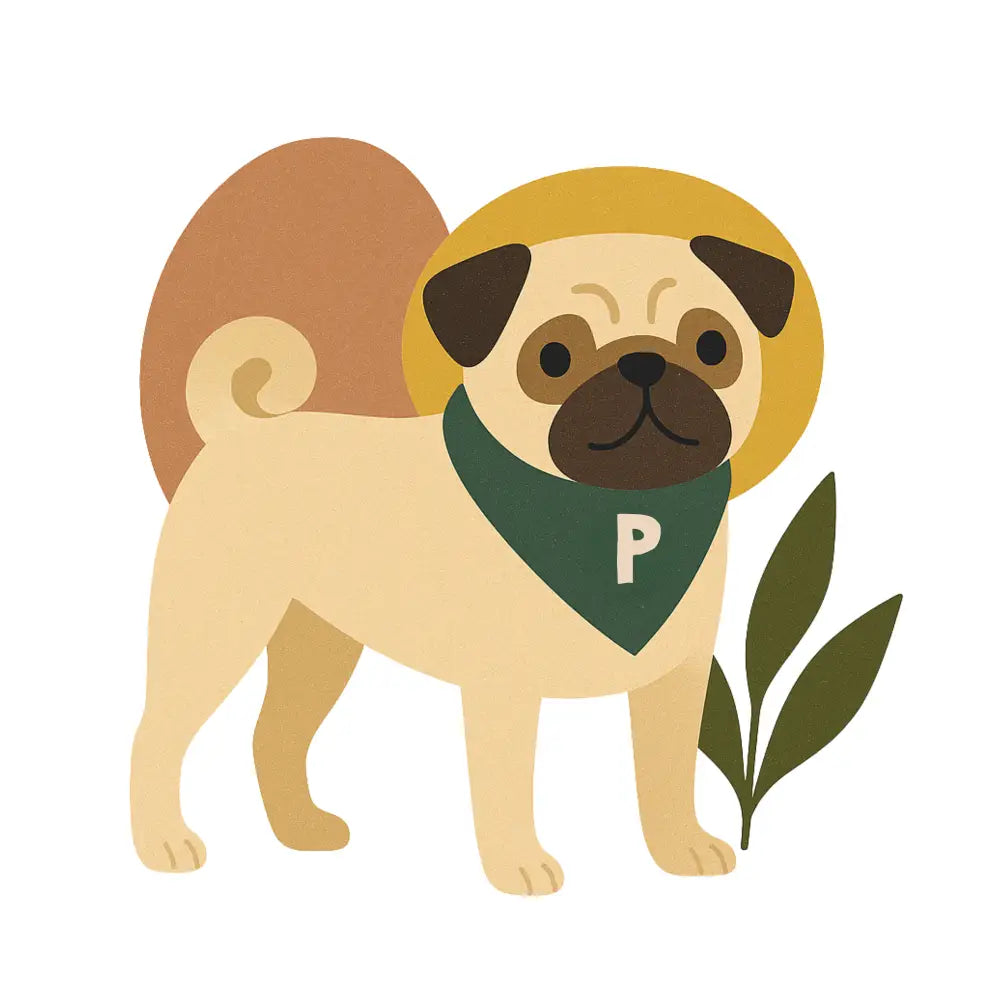 Pug dog in green bandana and yellow hat on fairtrade-certified cotton dog portrait cushion with concealed zip