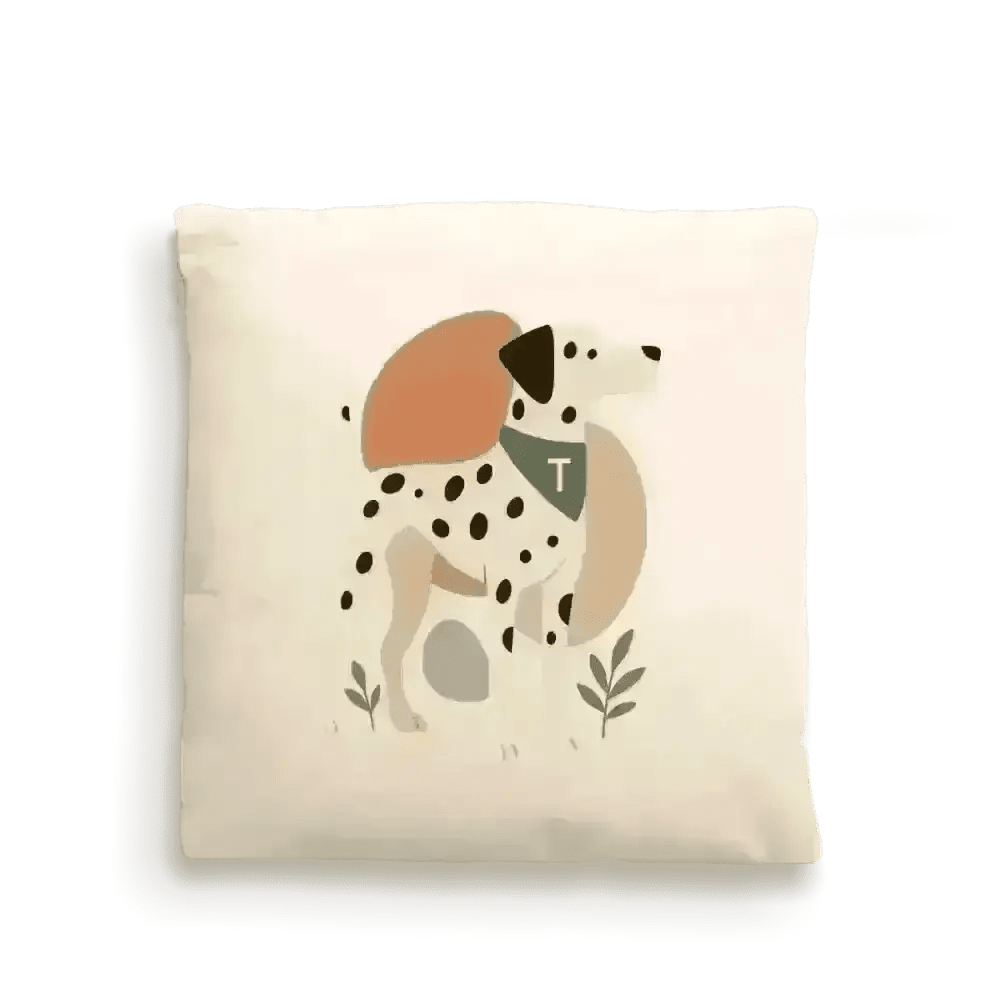 Cream-colored dog portrait cushion cover with playful dalmatian design on fairtrade-certified cotton canvas