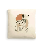 Cream-colored dog portrait cushion cover with playful dalmatian design on fairtrade-certified cotton canvas