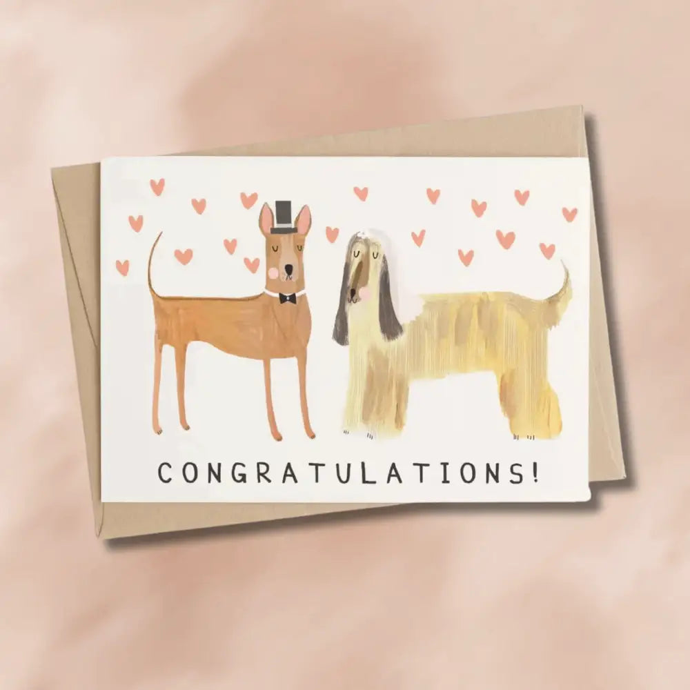 Dog Wedding Congratulations Card: greeting card designed with dogs in formal attire