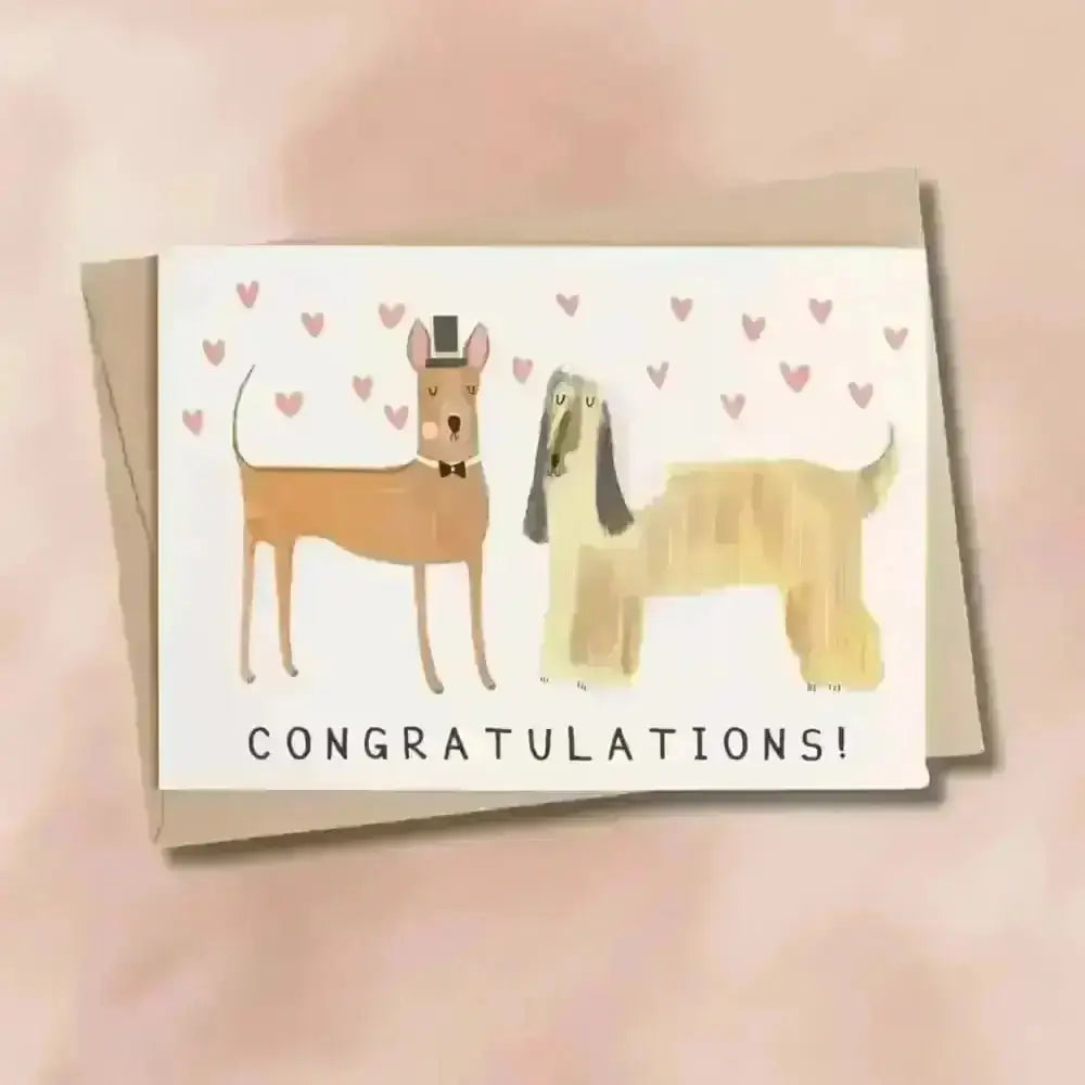 Dog Wedding Congratulations Card: greeting card designed with dogs in formal attire