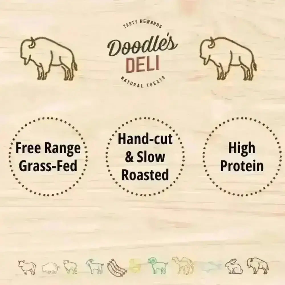 Doodles Deli wood sign with bison art and circles for water buffalo treats supporting strong muscles