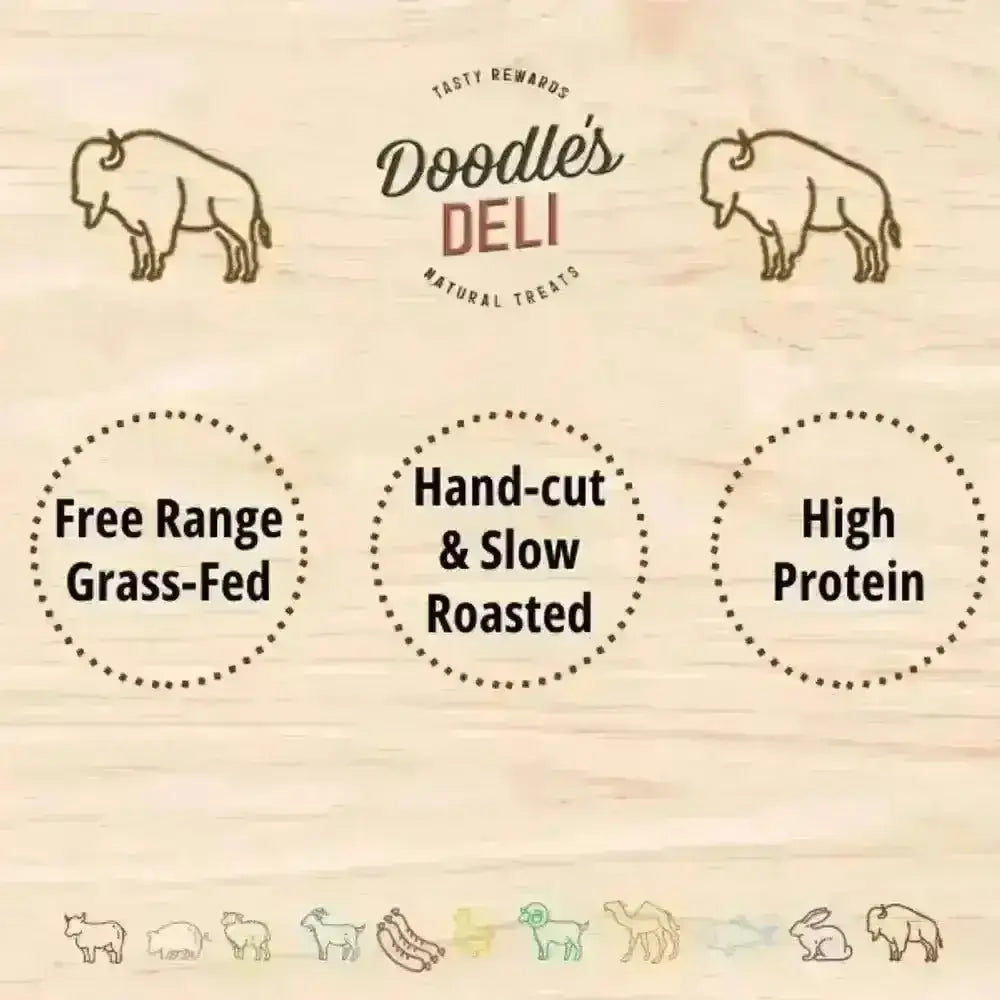 Doodles Deli wood sign with bison art and circles for water buffalo treats supporting strong muscles